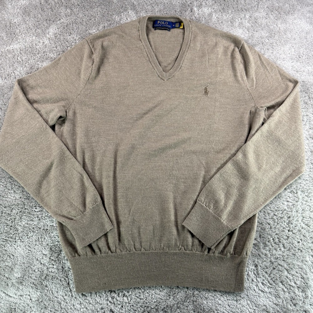 Polo Ralph Lauren Mens M Brown Merino Wool V-Neck Sweater Pony Logo Pullover